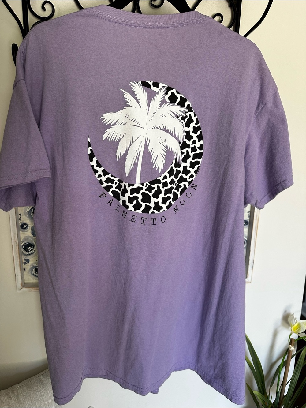 Palmetto Moon Women's Purple Short Sleeve Graphic Tee palm tree animal print